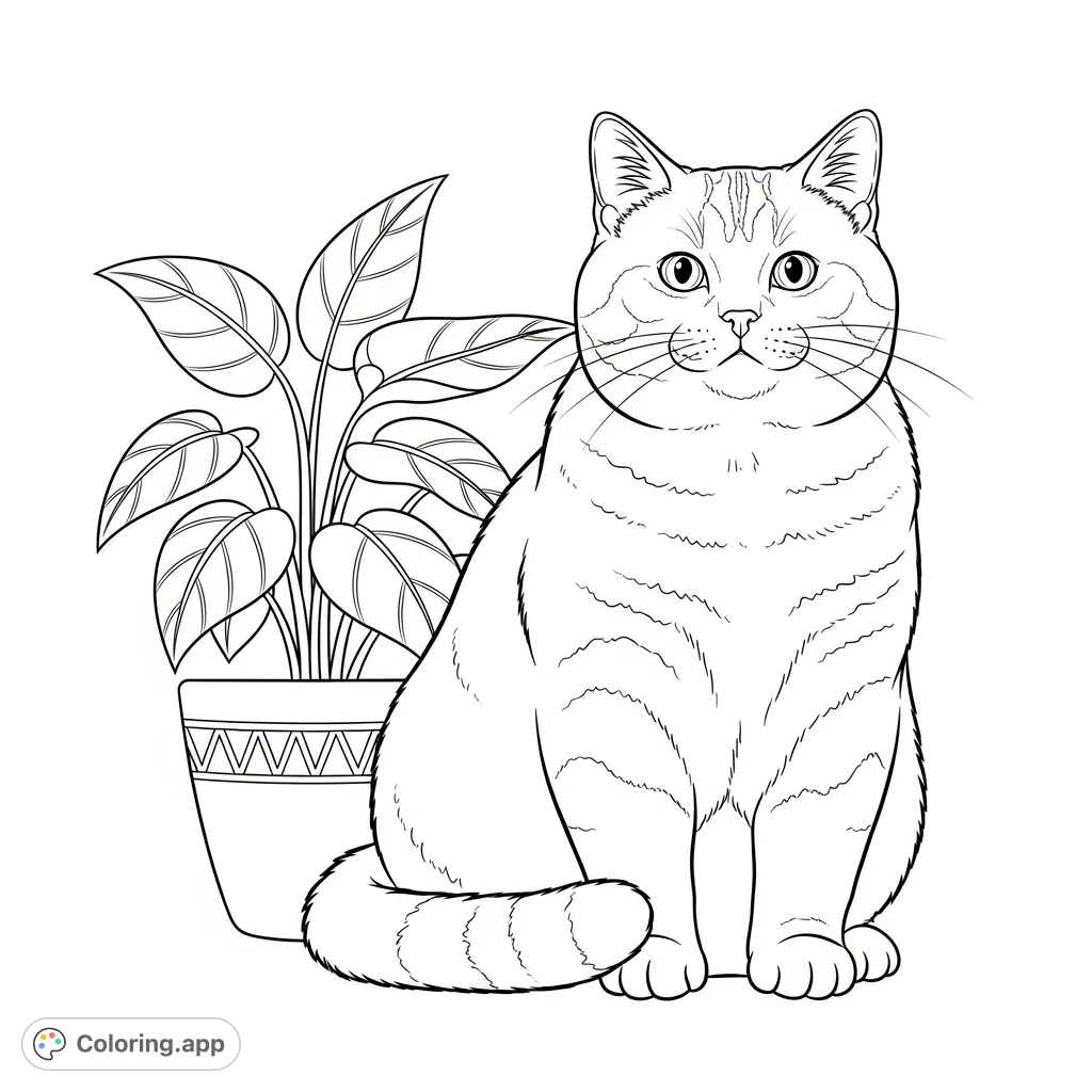 A charming British Shorthair cat sits serenely beside a leafy potted plant, showcasing its distinctive broad chest and round, plush limbs.