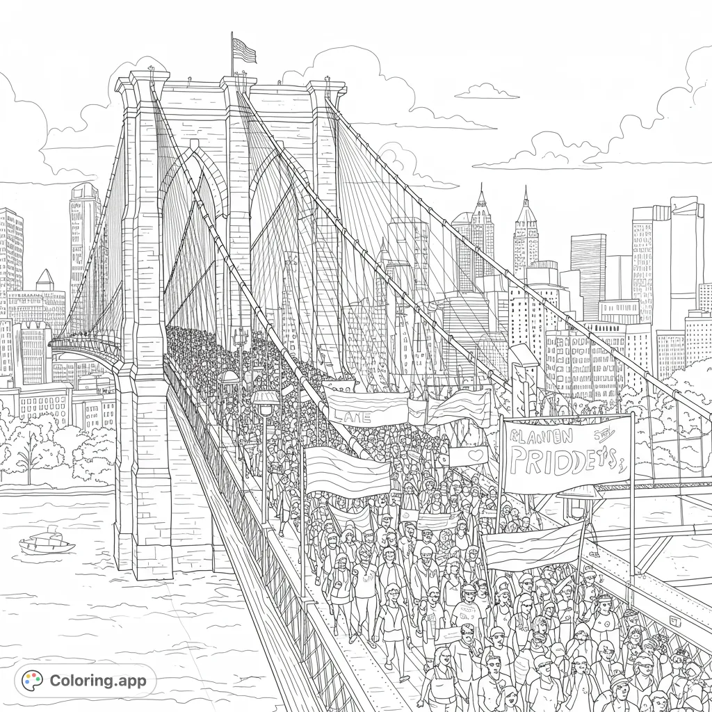An intricate Brooklyn Bridge march coloring page featuring a large crowd, iconic bridge architecture, and a detailed cityscape. Free printable for all ages.