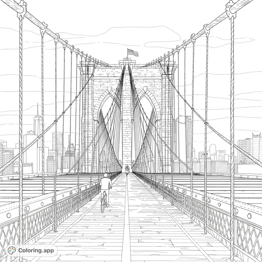 Color the iconic Brooklyn Bridge, featuring its grand towers, intricate cables, and a bustling walkway with cyclists, set against the stunning Manhattan skyline.