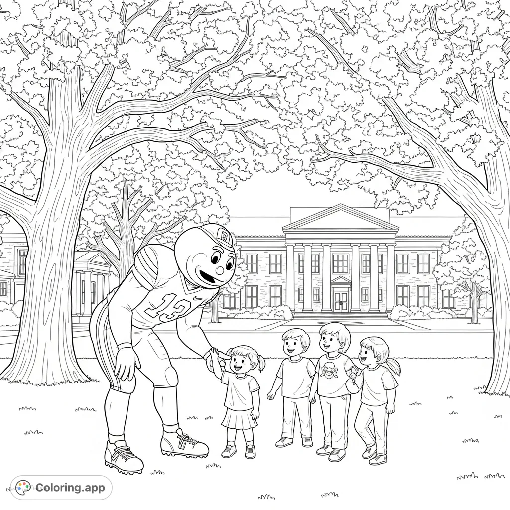 Capture the playful spirit of Brutus Buckeye interacting with children on a historic university campus, framed by grand oak trees and stately architecture.