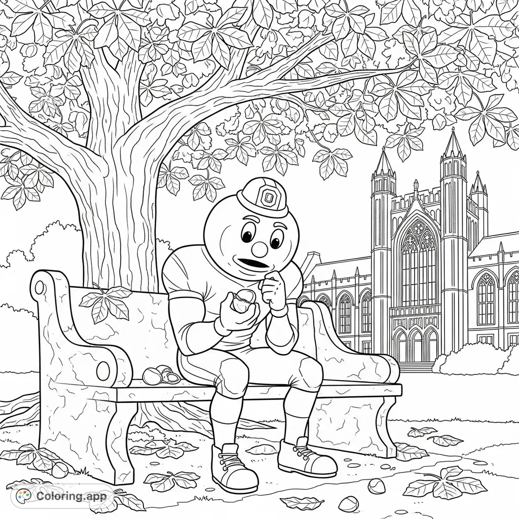 Capture Brutus Buckeye in a reflective pose under a majestic buckeye tree, holding a buckeye nut on a gothic campus setting. A unique, free printable coloring page.