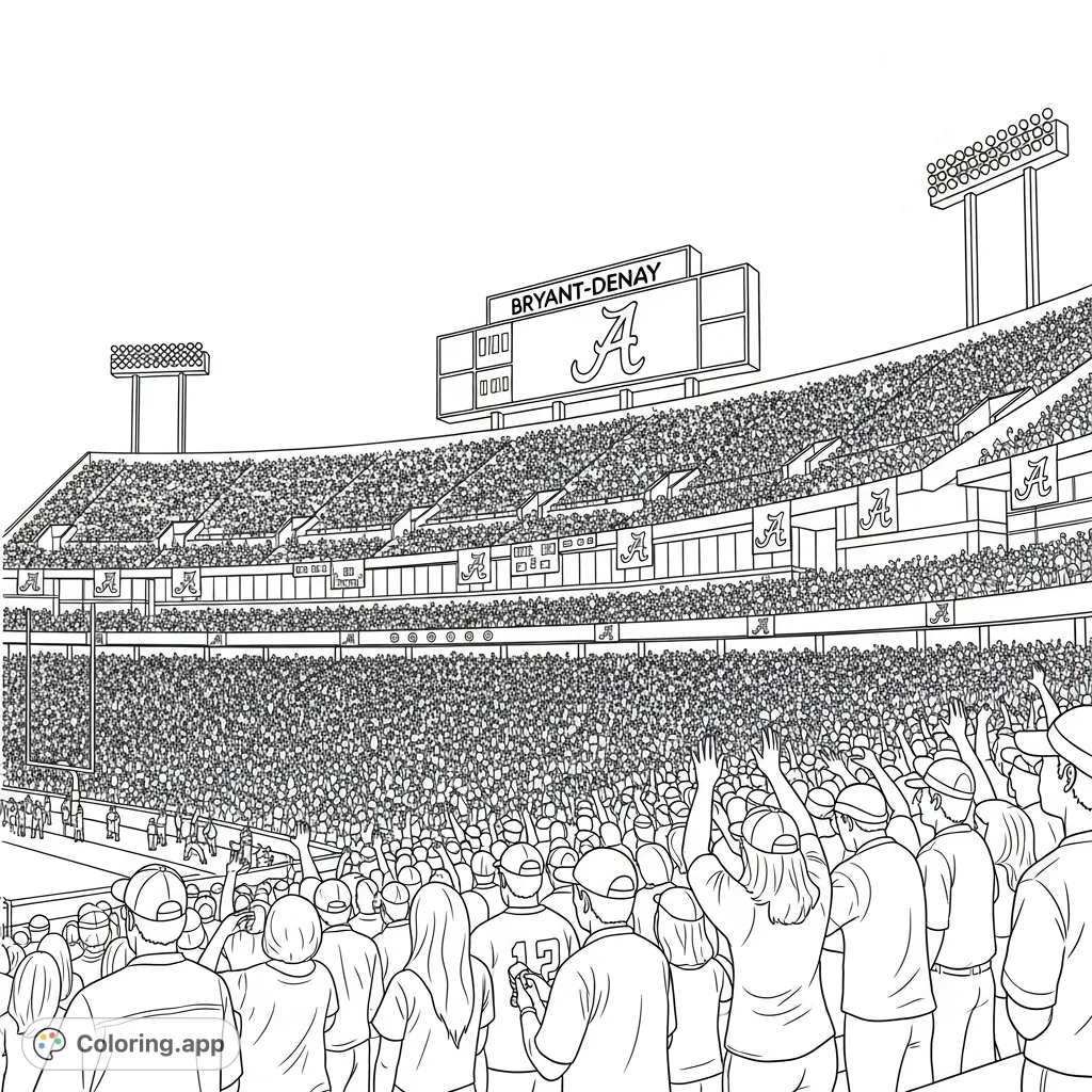 A vibrant Bryant-Denny Stadium scene with cheering fans, large scoreboards, and "A" logo banners, capturing the electric atmosphere of a game day.