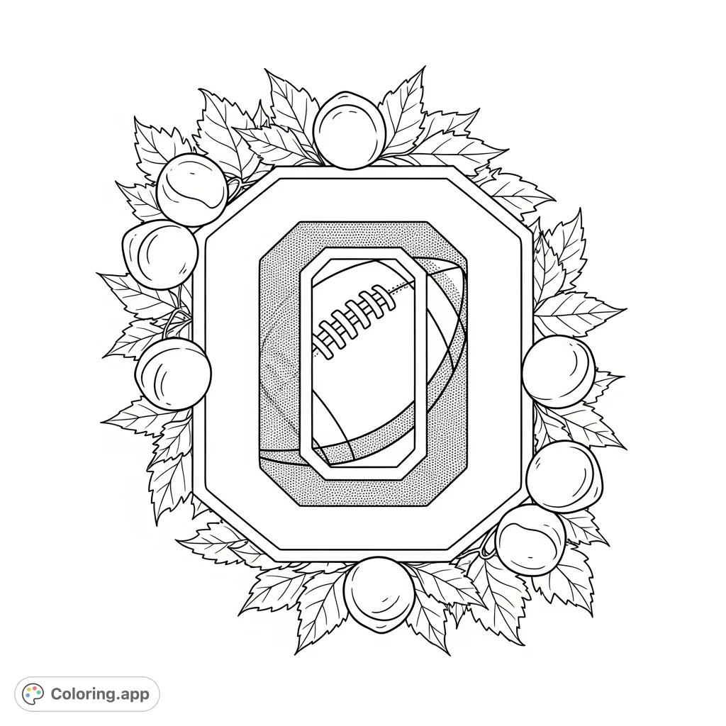 A detailed stylized block 'O' emblem featuring a football texture, elegantly intertwined with buckeye leaves and nuts, perfect for fans to color and showcase team spirit.