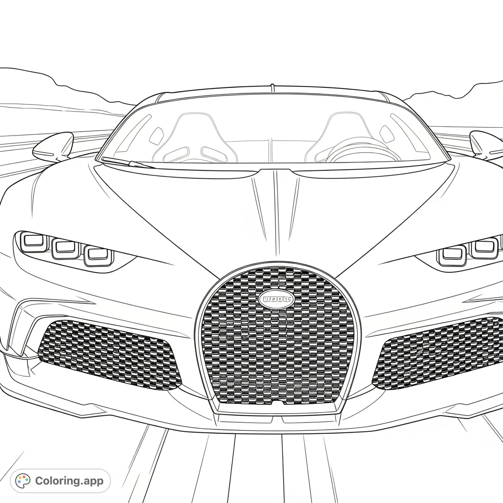 Capture the essence of automotive luxury with this Bugatti Divo front-end coloring page, highlighting its iconic headlights and intricate grille details.