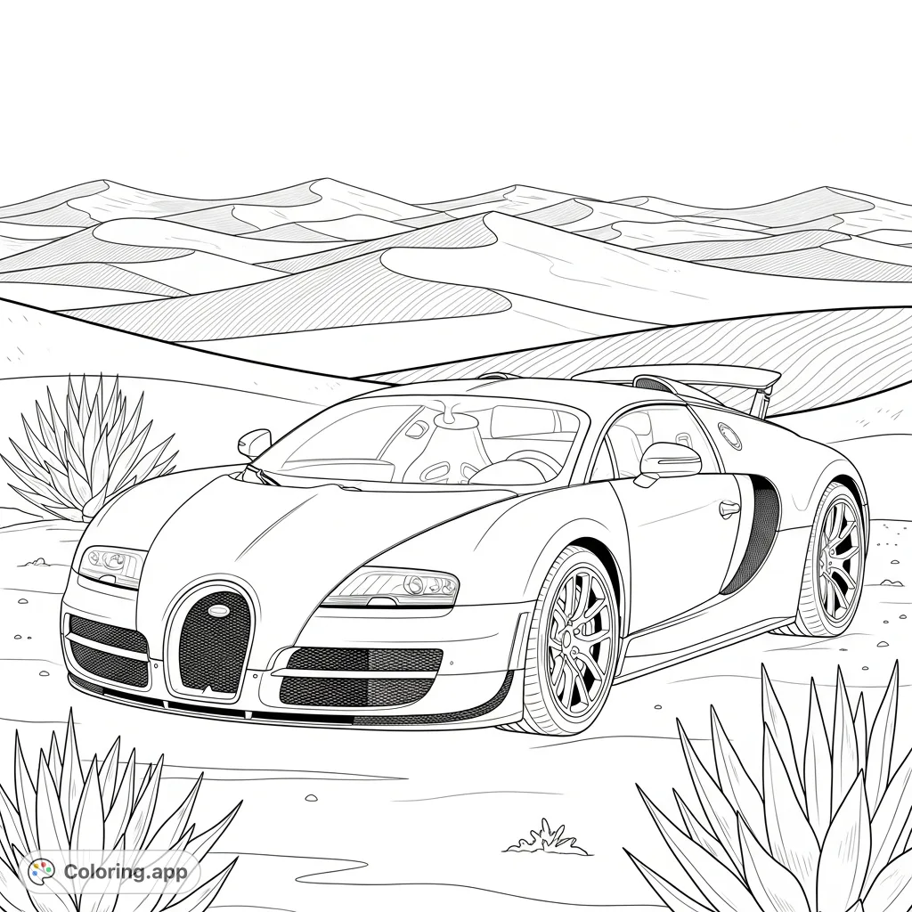 An iconic Bugatti Veyron Grand Sport Vitesse dominates a vast desert scene. Intricate vehicle details against endless dunes and sparse plants offer a dynamic coloring challenge.