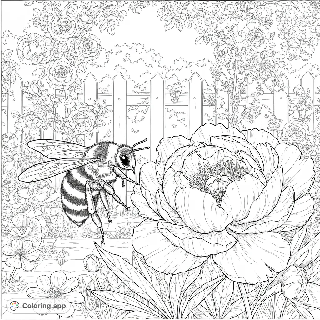 A charming garden scene featuring a fluffy bumblebee approaching a large, detailed peony flower, surrounded by a picket fence and blooming roses.