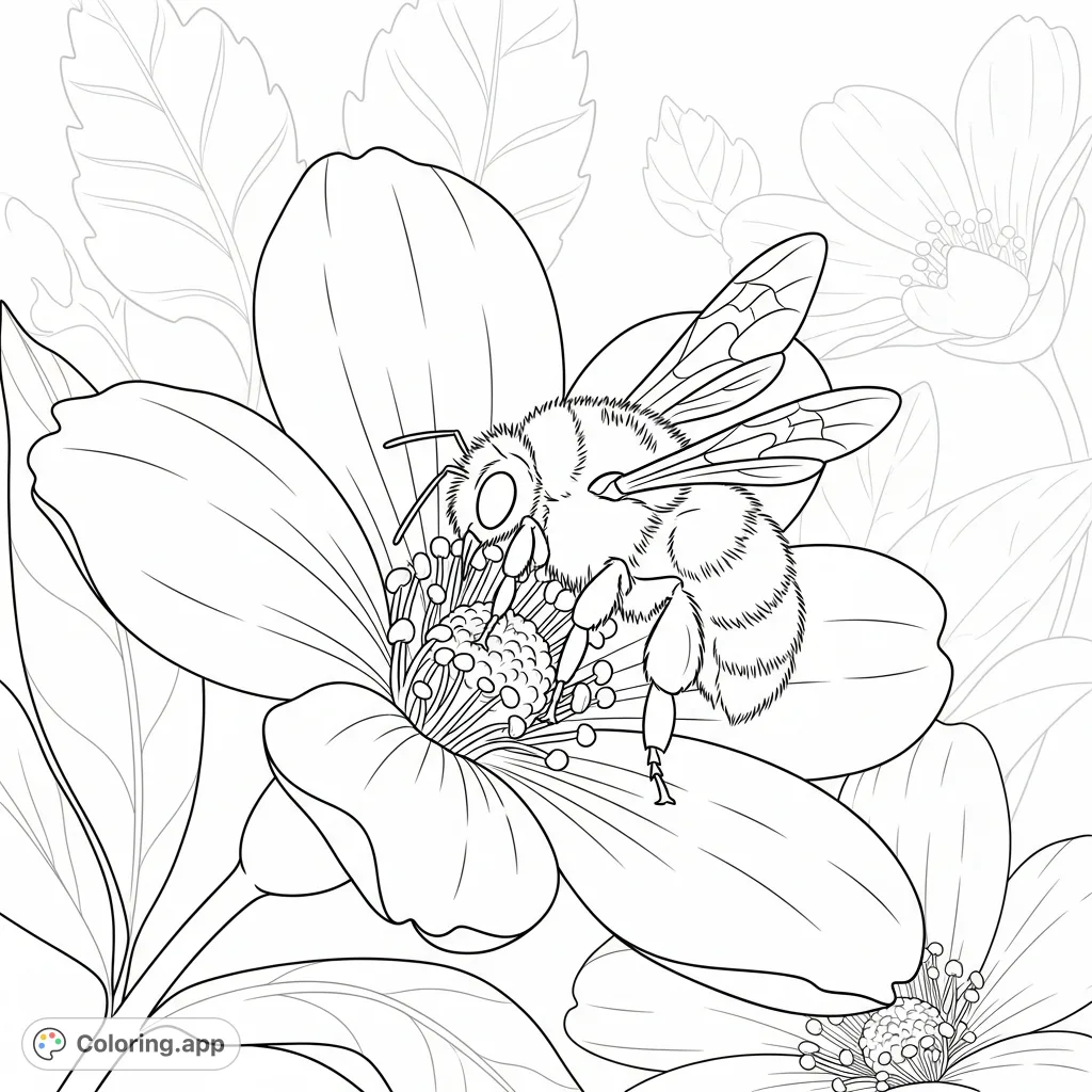 A charming coloring page featuring a plump bumblebee diligently collecting pollen from a detailed flower, set against a gentle garden backdrop.