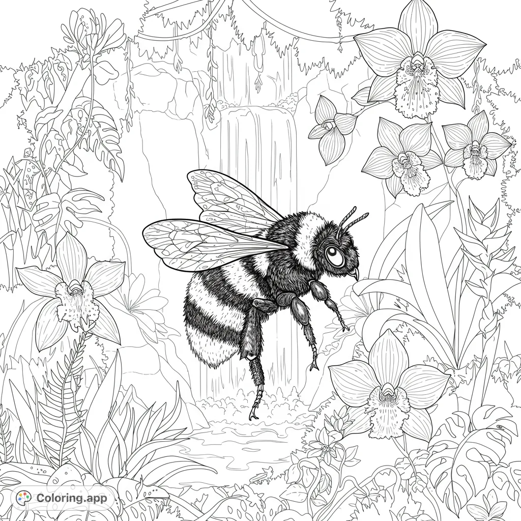 A detailed jungle bumblebee coloring page featuring a fuzzy bee amidst lush orchids and a cascading waterfall. Free printable for nature lovers.