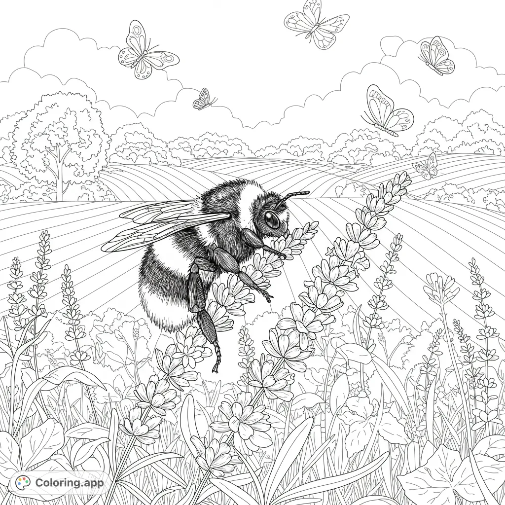 A charming bumblebee on lavender, surrounded by butterflies and rolling fields. A delightful nature scene for a free printable coloring page.