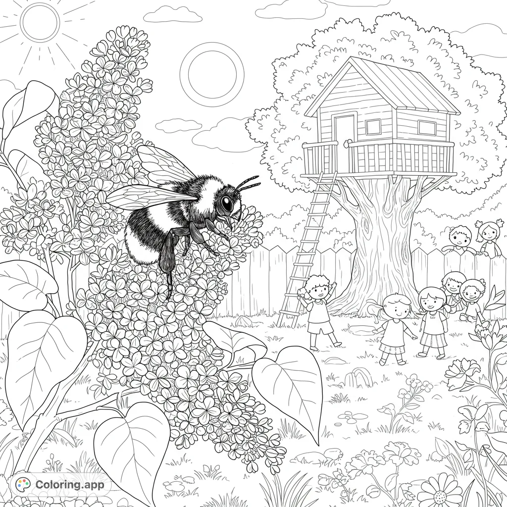 A charming spring scene featuring a detailed bumblebee on lilac flowers, with children playing near a treehouse in a sunny backyard.