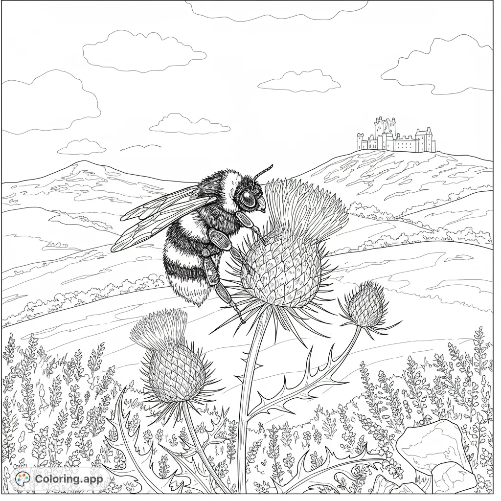A detailed bumblebee rests on a thistle, with rolling hills and a distant castle under a cloudy sky. A free printable nature coloring page.