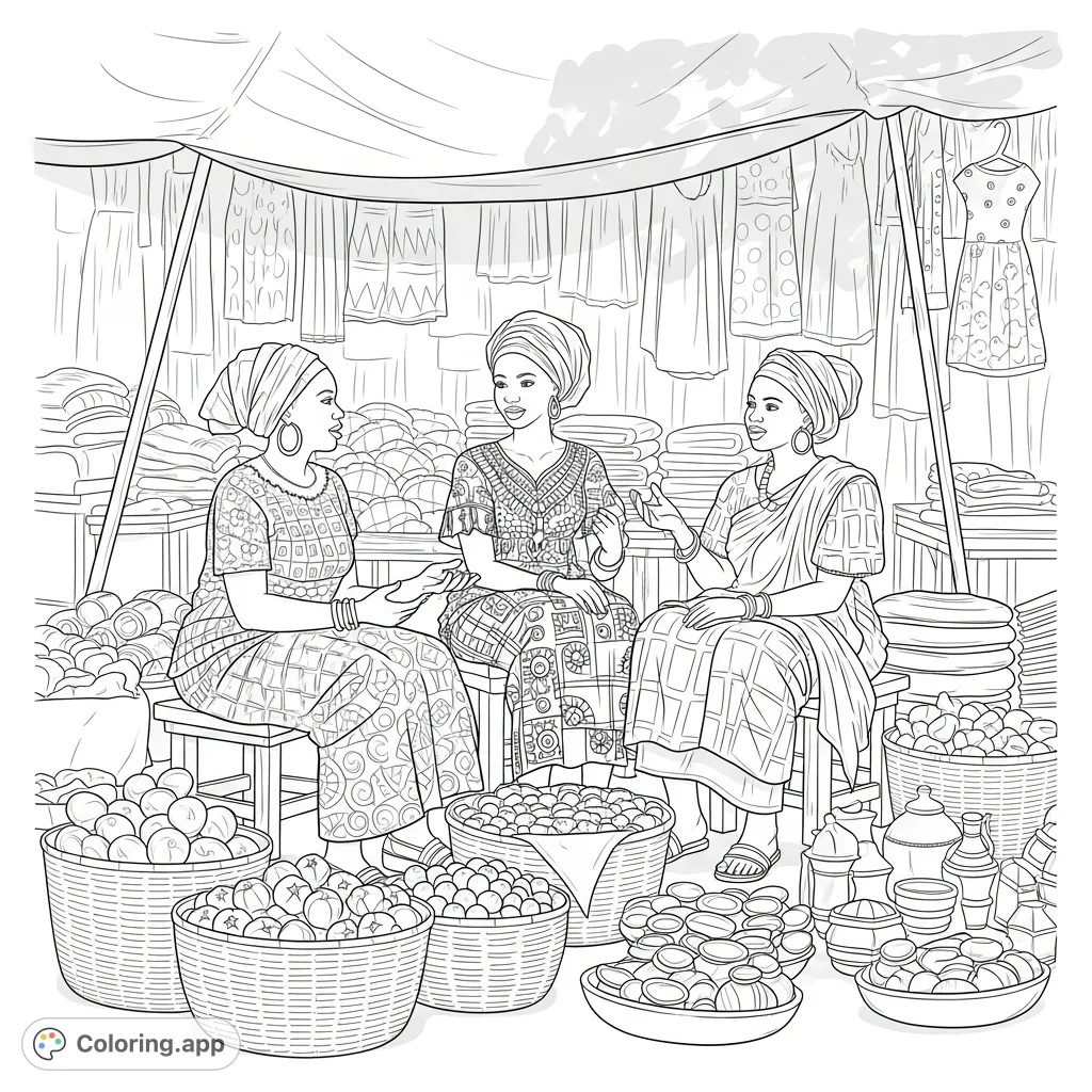 Three women in patterned textiles converse in a vibrant open-air market, surrounded by produce and crafts. A detailed market scene coloring page.