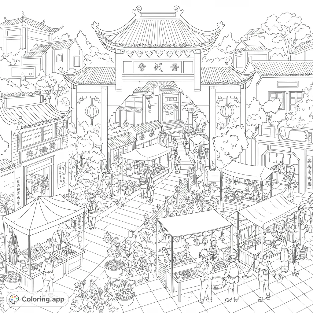 Explore a bustling Asian market coloring page with intricate traditional architecture, lively crowds, and vibrant stalls. A detailed free printable coloring page for all ages.