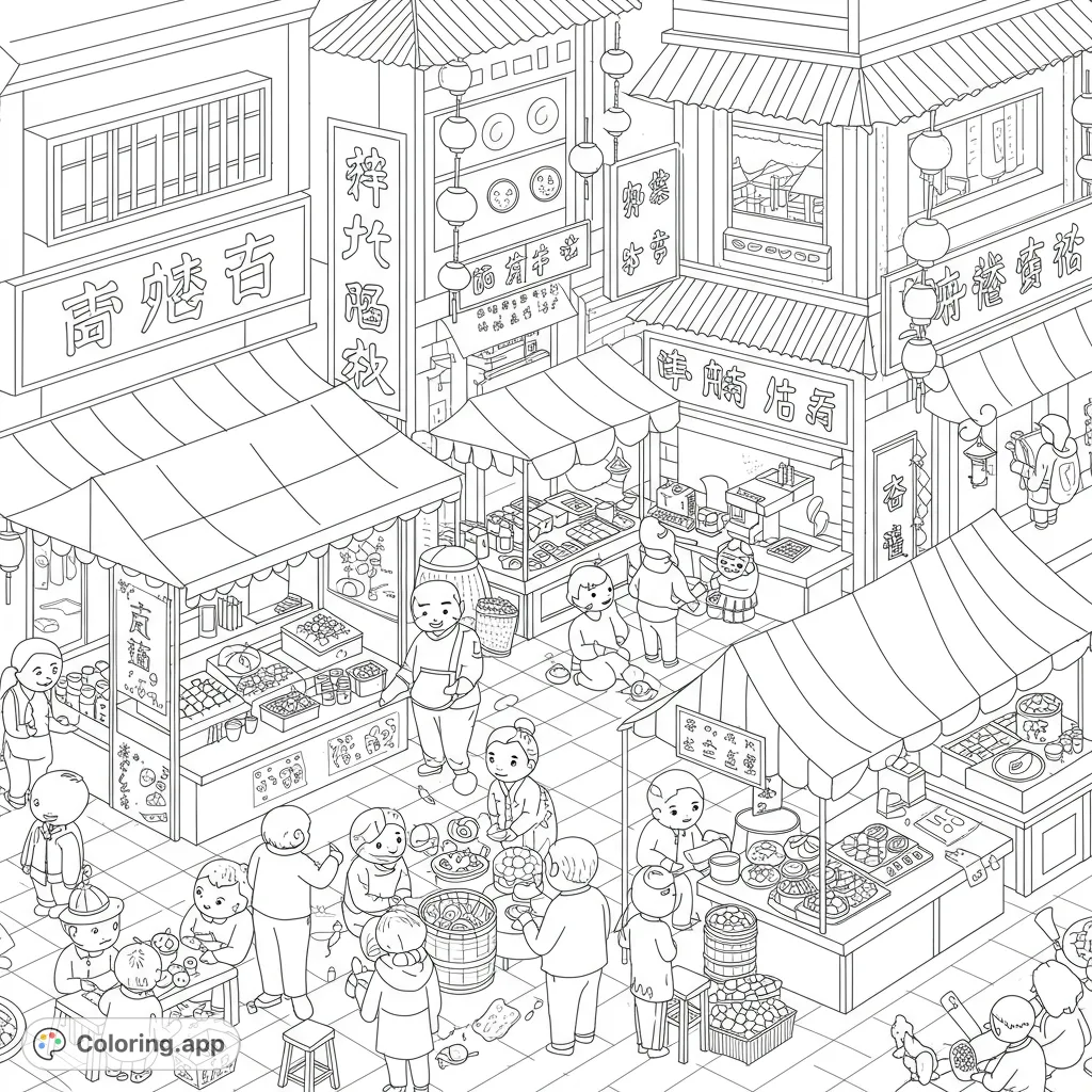 Immerse yourself in a vibrant Asian street market coloring page! Explore bustling stalls, traditional buildings, and lively crowds in this free printable coloring page for all ages.