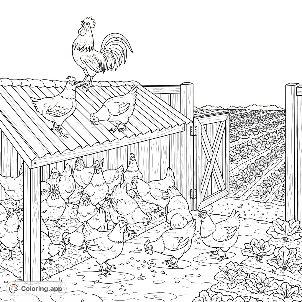 Explore a charming farm scene featuring a bustling chicken coop, numerous hens, a crowing rooster, and a glimpse of a vegetable garden.