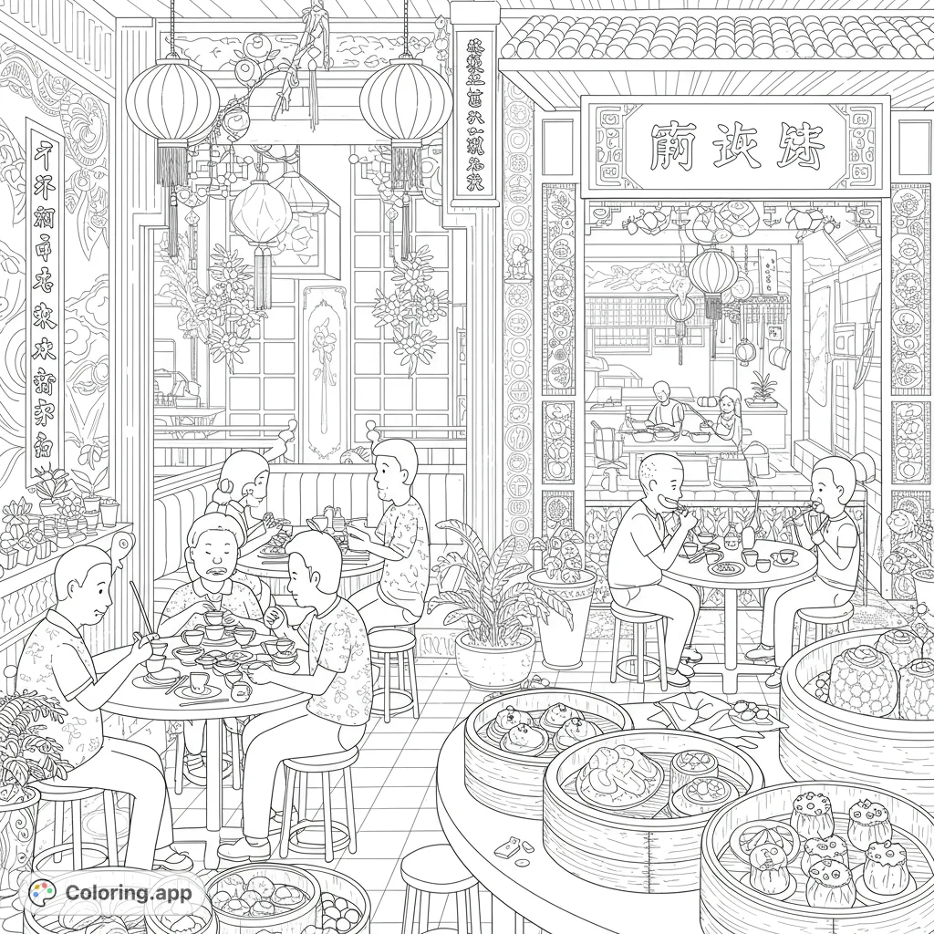 Immerse yourself in a vibrant dim sum restaurant scene, featuring diners, traditional decor, and delicious steamed treats. A detailed cultural coloring page.