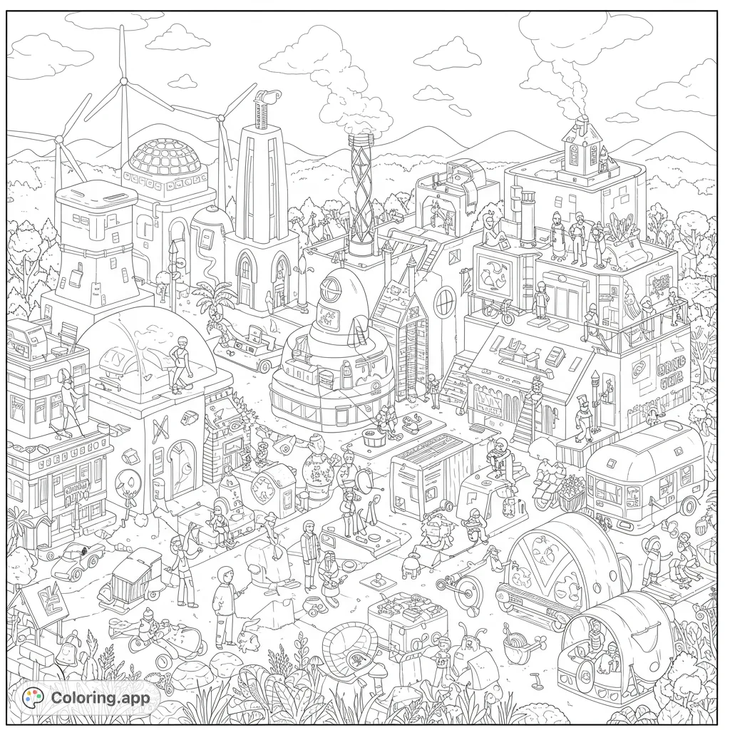 Explore a vibrant futuristic cityscape coloring page, packed with unique buildings, whimsical vehicles, and tiny figures. A free printable adventure for all ages!