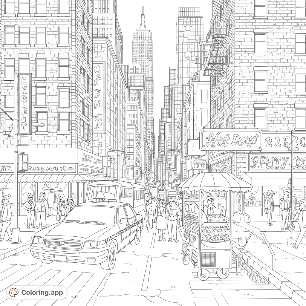 Immerse yourself in a detailed New York City street scene, featuring iconic skyscrapers, a classic taxi, and a lively hot dog stand. A free printable urban coloring page.