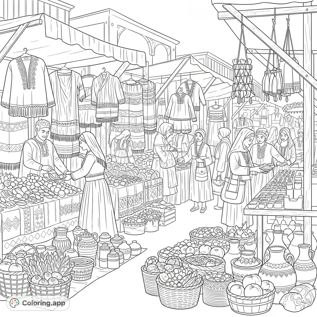 Immerse yourself in a vibrant open-air market coloring page, featuring bustling stalls, intricate textiles, traditional merchants, and abundant produce.