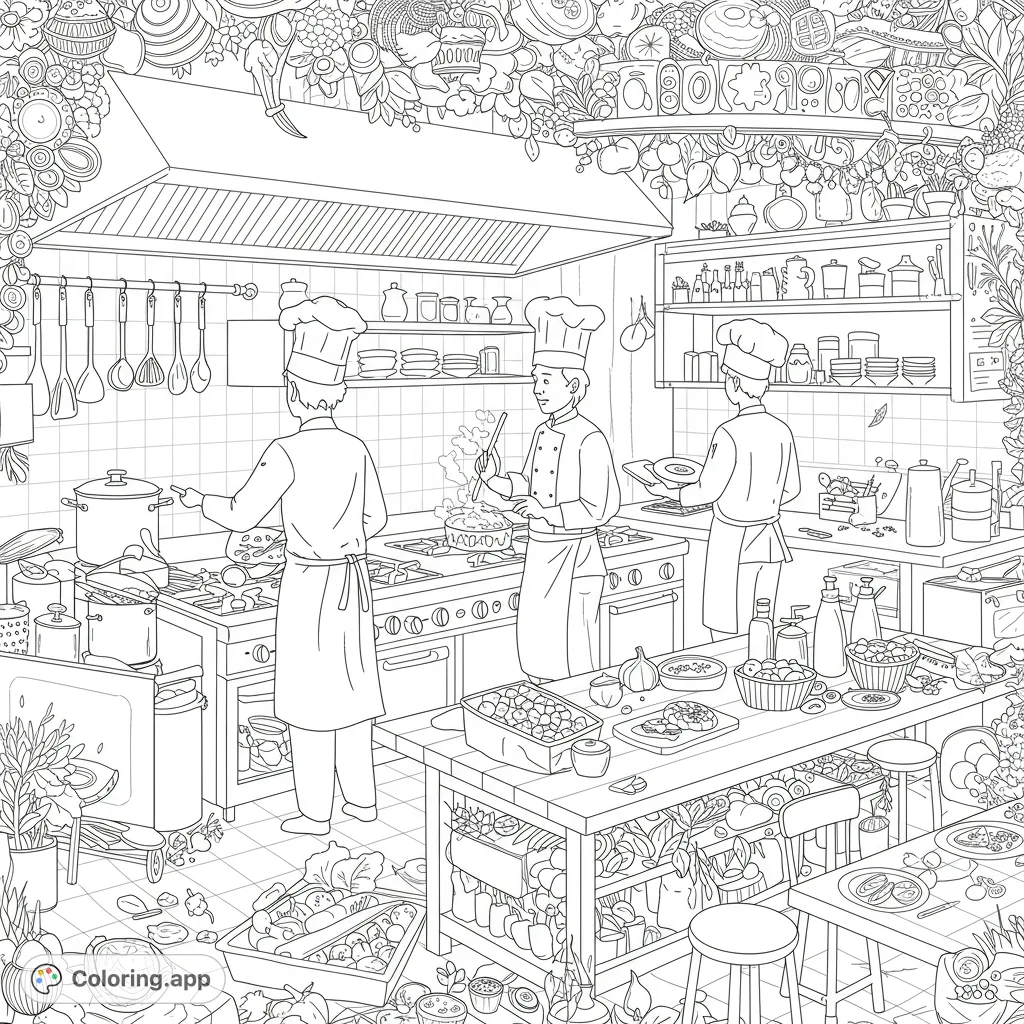 Detailed kitchen scene with three chefs, cooking stations, and a decorative food-themed border. Perfect for culinary enthusiasts and food lovers.