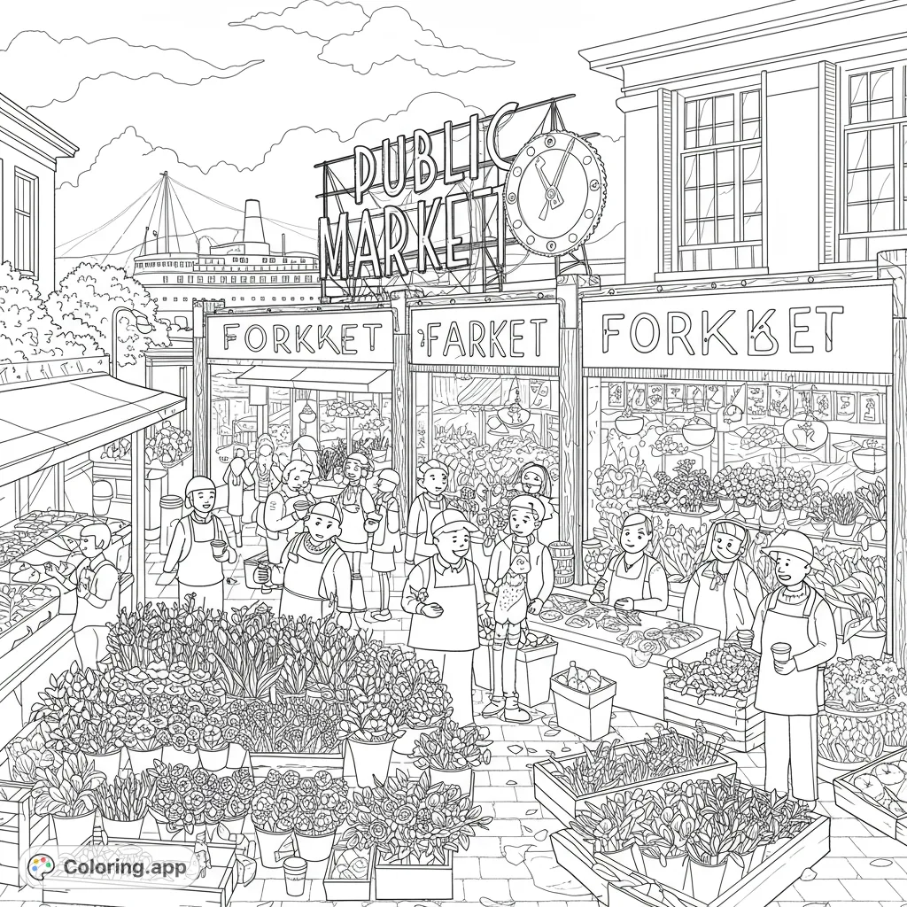 Explore a lively public market coloring page, bustling with vendors, shoppers, fresh flowers, and produce. A detailed free printable scene for all ages.