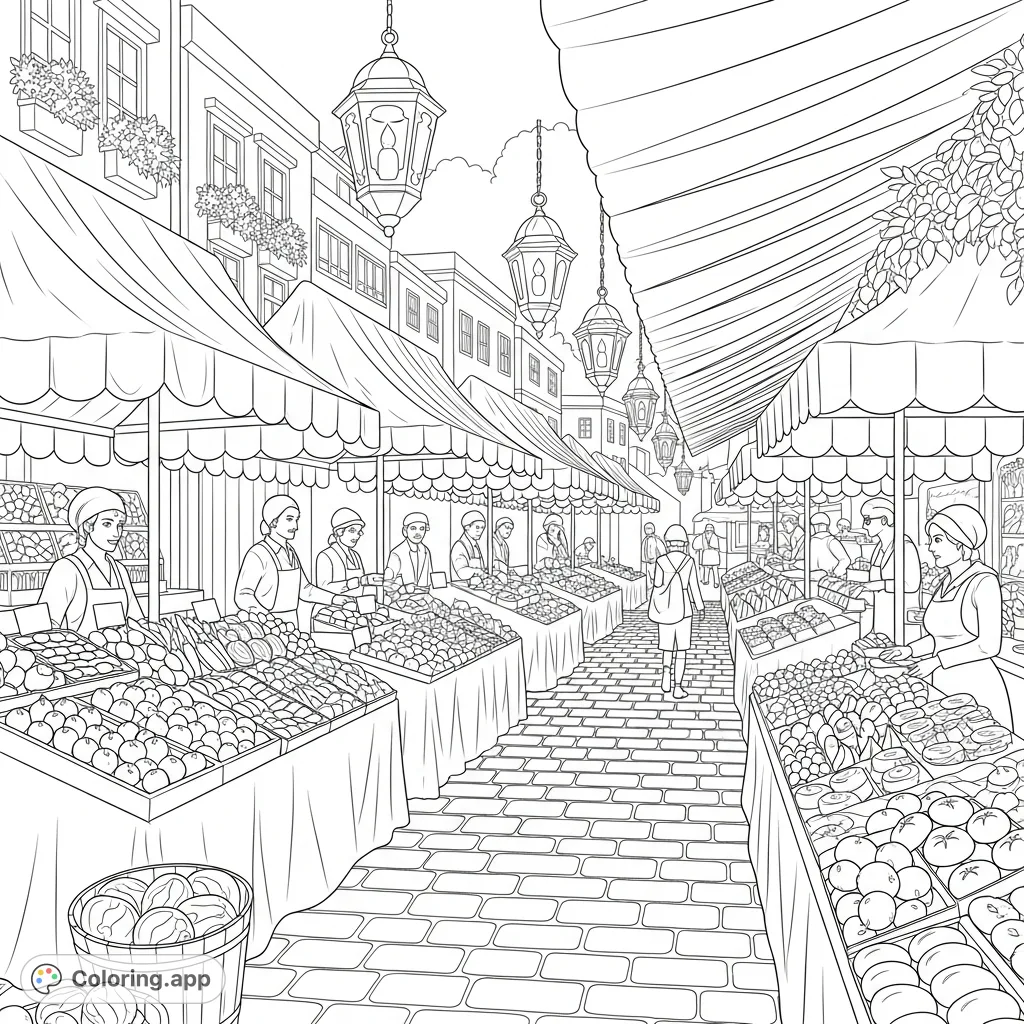 Explore a vibrant street market with food stalls, detailed awnings, and hanging lanterns. Perfect for all ages, this scene offers intricate details to bring to life.
