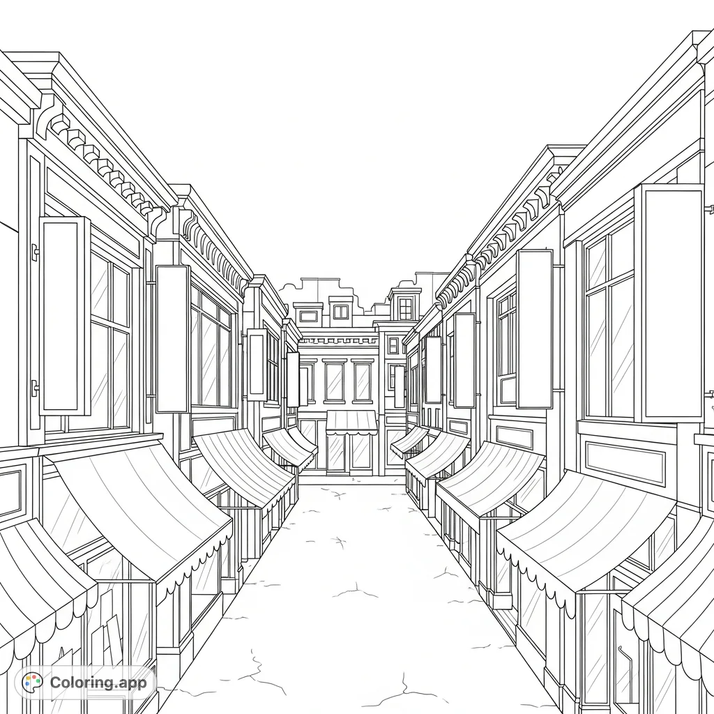 Explore a detailed urban shopping street with varied storefronts, unique awnings, and architectural features, set under an open sky.