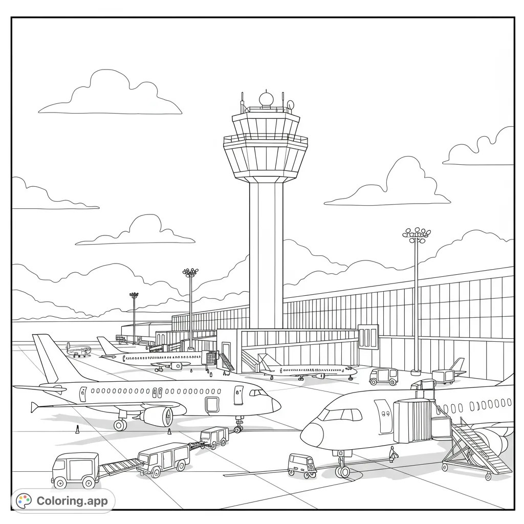 Explore a bustling airport tarmac with planes, a control tower, and ground vehicles. A free printable airport coloring page for all ages.