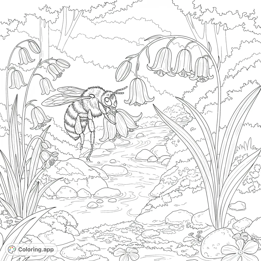 A charming nature coloring page featuring a fuzzy bee collecting nectar from delicate bellflowers by a winding stream, set in a lush forest.