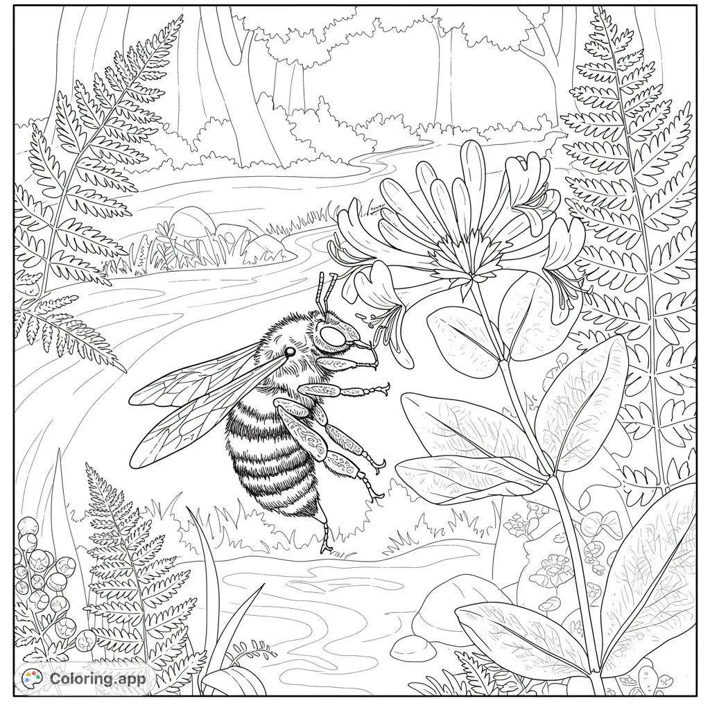 A detailed nature coloring page featuring a fuzzy bee in flight, approaching a beautiful honeysuckle flower amidst ferns and a winding stream.