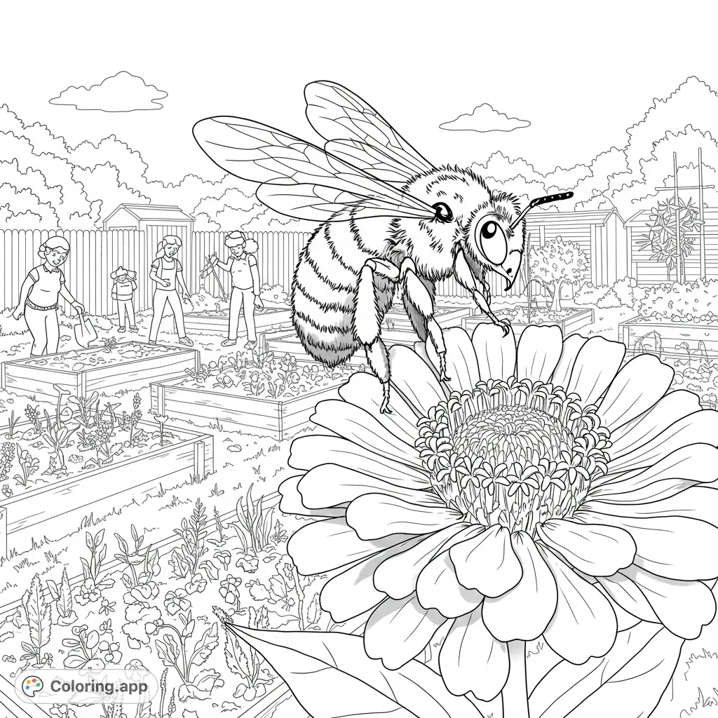 A delightful garden coloring page featuring a busy bee on a flower, with people tending raised beds. Perfect free printable coloring page for nature lovers!
