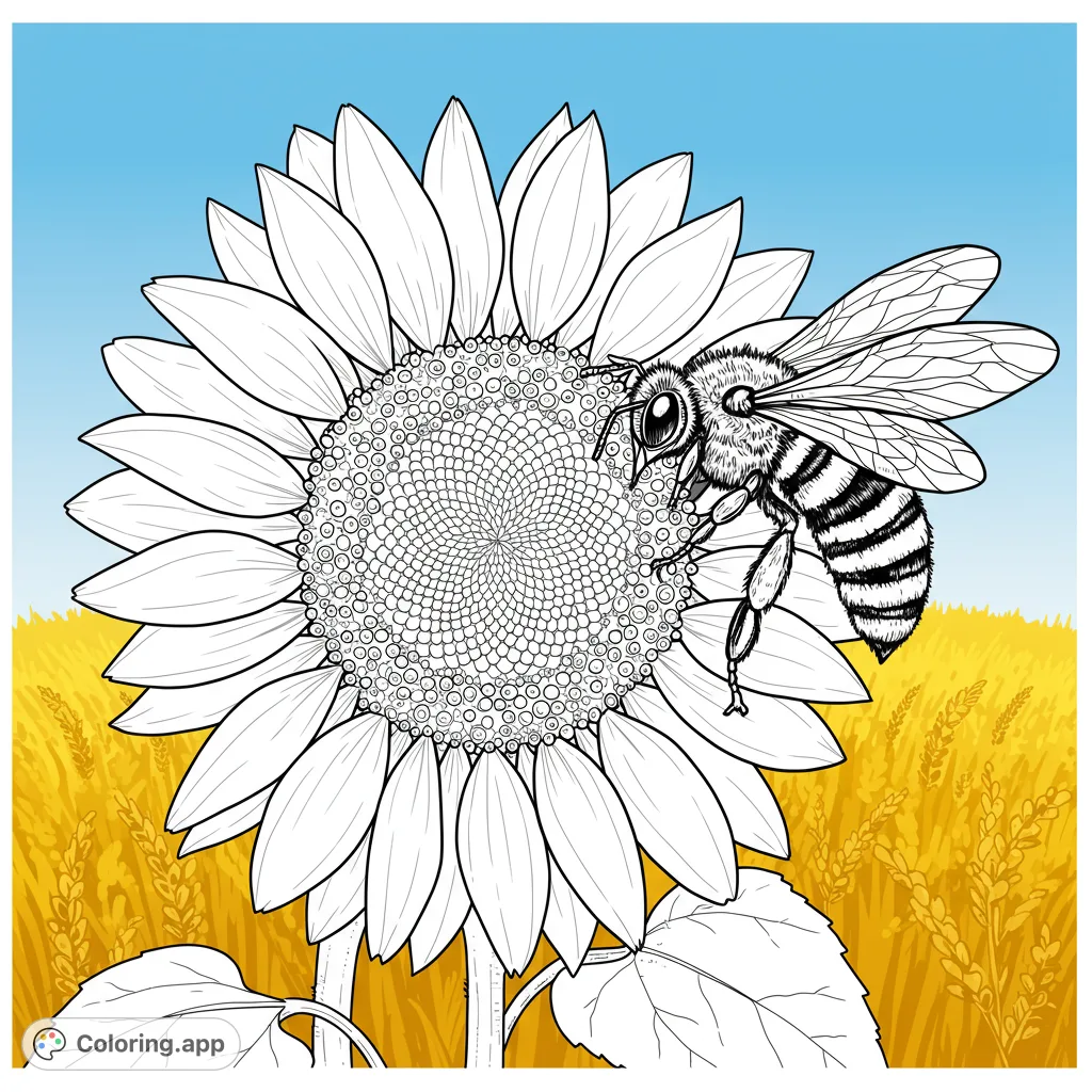 A detailed sunflower with a busy bee, set against a field of wheat. Perfect for nature lovers and a free printable coloring page.