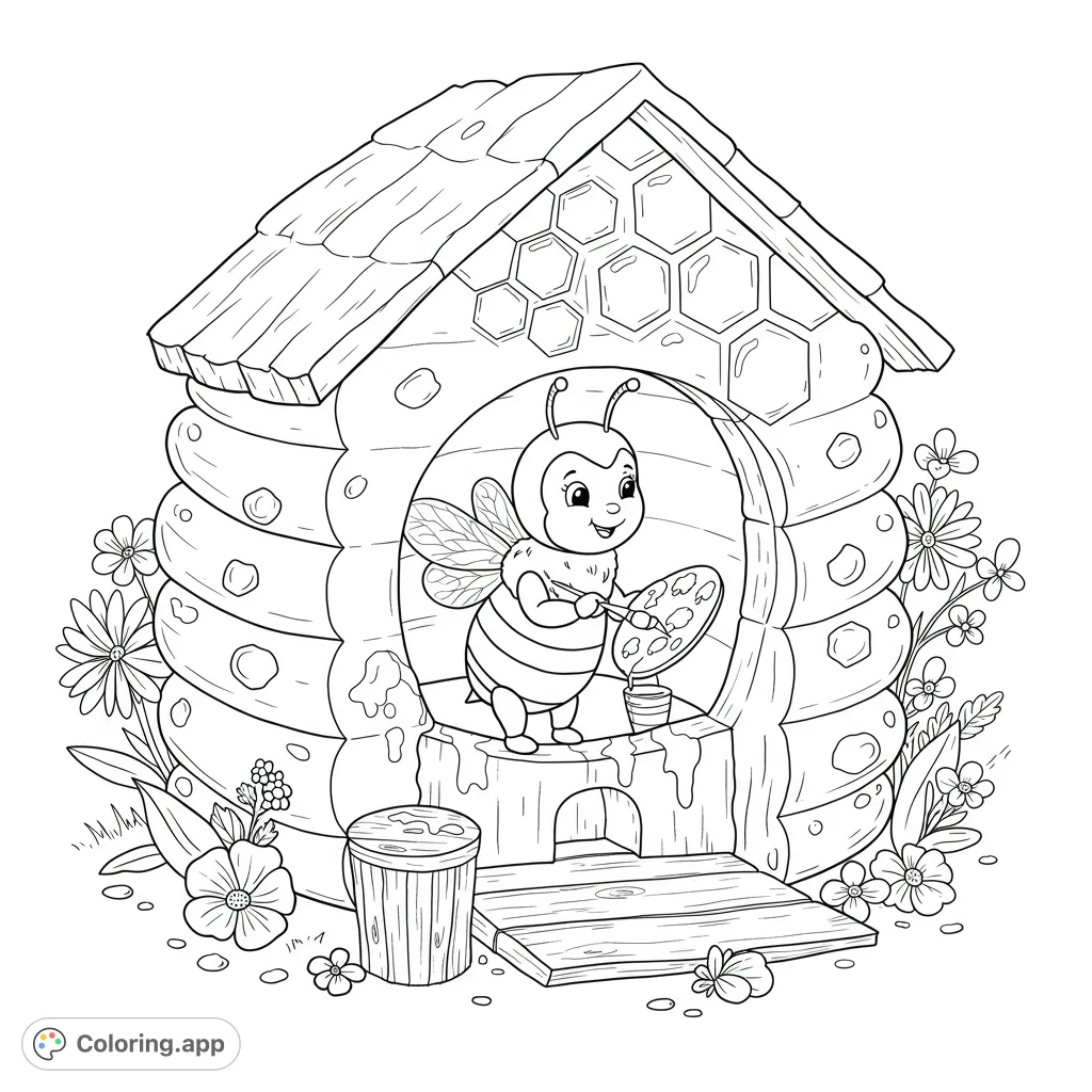 A delightful bee artist paints its honeycomb home, surrounded by cheerful flowers. A charming free printable bee coloring page for kids and adults.