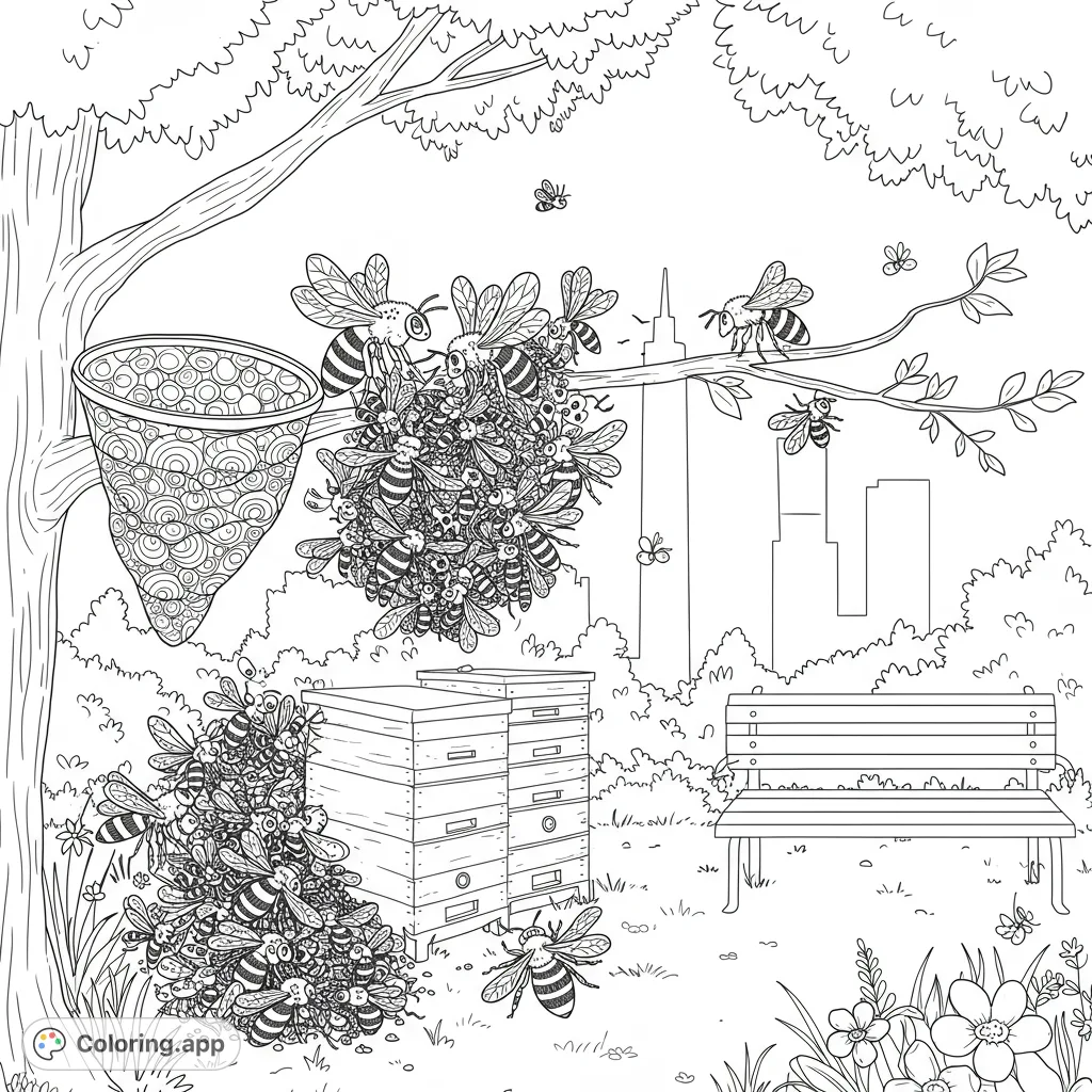 A detailed bee swarm coloring page featuring a bustling hive, a traditional skep, and bees in an urban park setting with a city skyline.