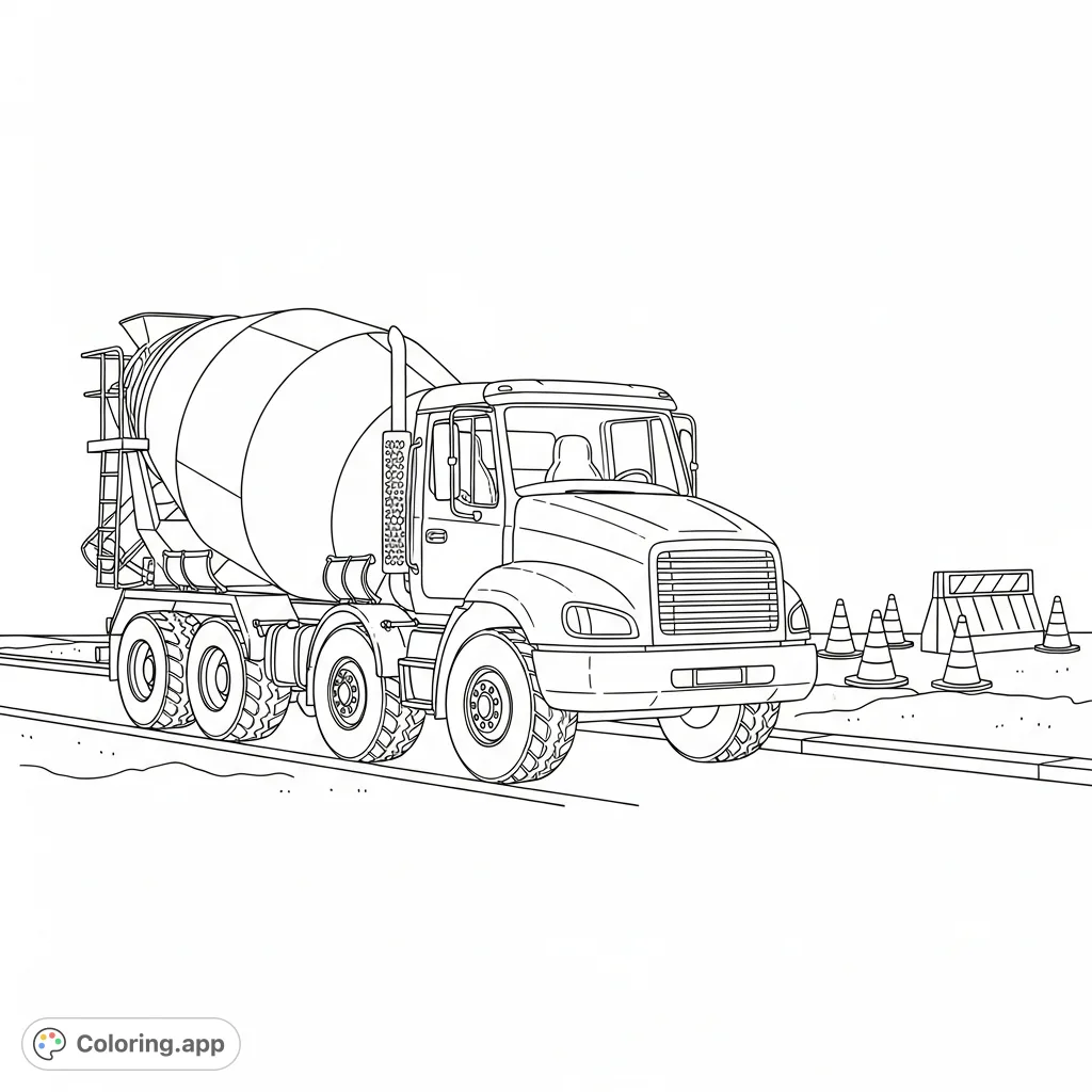 Color a detailed cement mixer truck with its barrel turning near a road construction site, complete with safety cones and barriers.