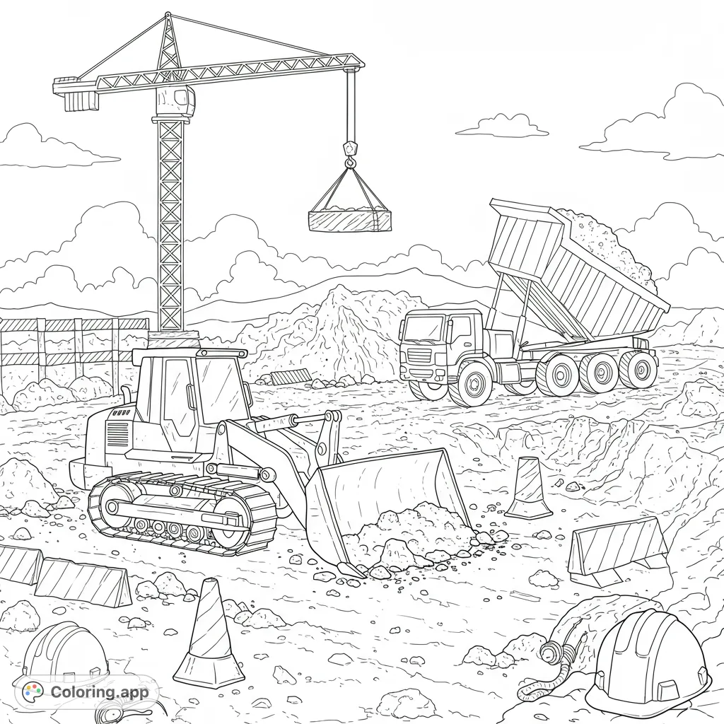 A dynamic construction site with a crane, loader, and dump truck in action, ready for vibrant colors. Perfect for kids and adults.