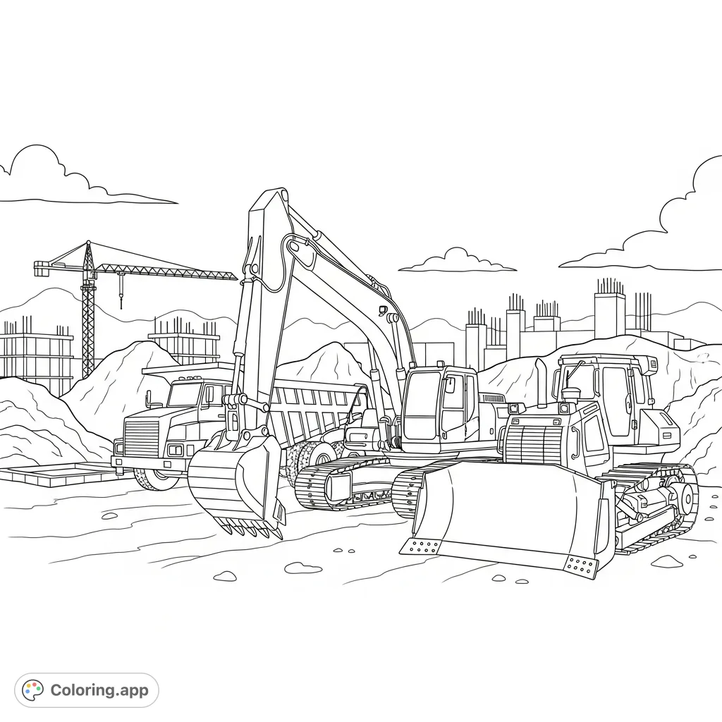 Discover a dynamic construction site featuring a lineup of heavy-duty vehicles: an excavator, bulldozer, and dump truck, set against a backdrop of ongoing work.