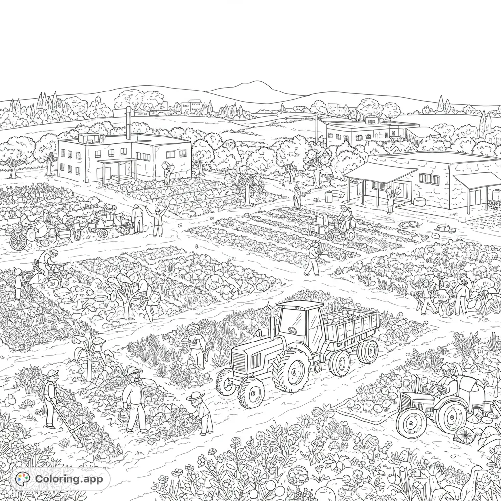 Explore a vibrant farm scene with bustling activity, diverse crops, and machinery. A detailed free printable farm coloring page for all ages.