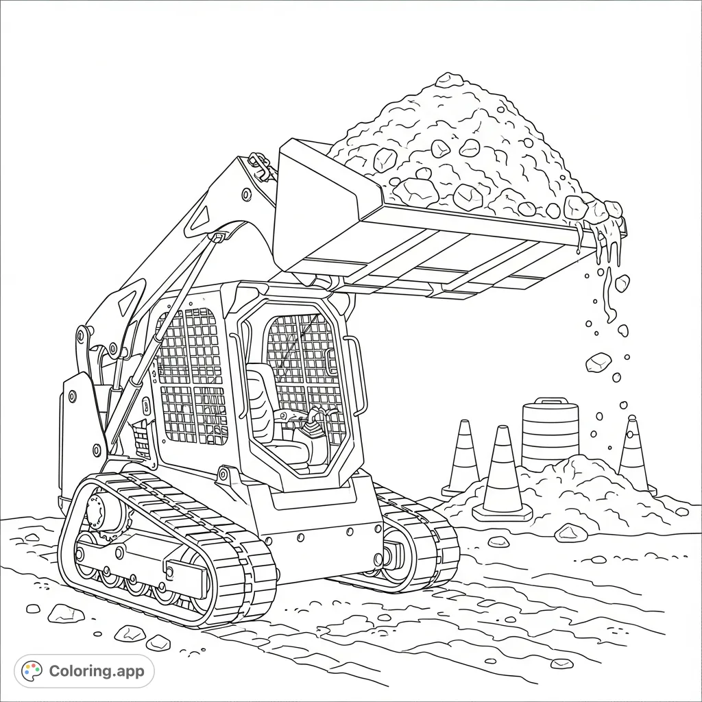 A detailed skid steer loader with a raised, dirt-filled bucket on a construction site, surrounded by simple safety cones. Perfect for machinery fans.