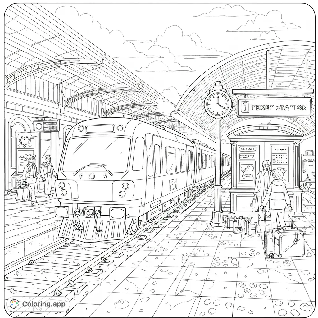 Explore a bustling train station platform with a detailed passenger train, waiting travelers, and grand architecture. A free printable train station coloring page.