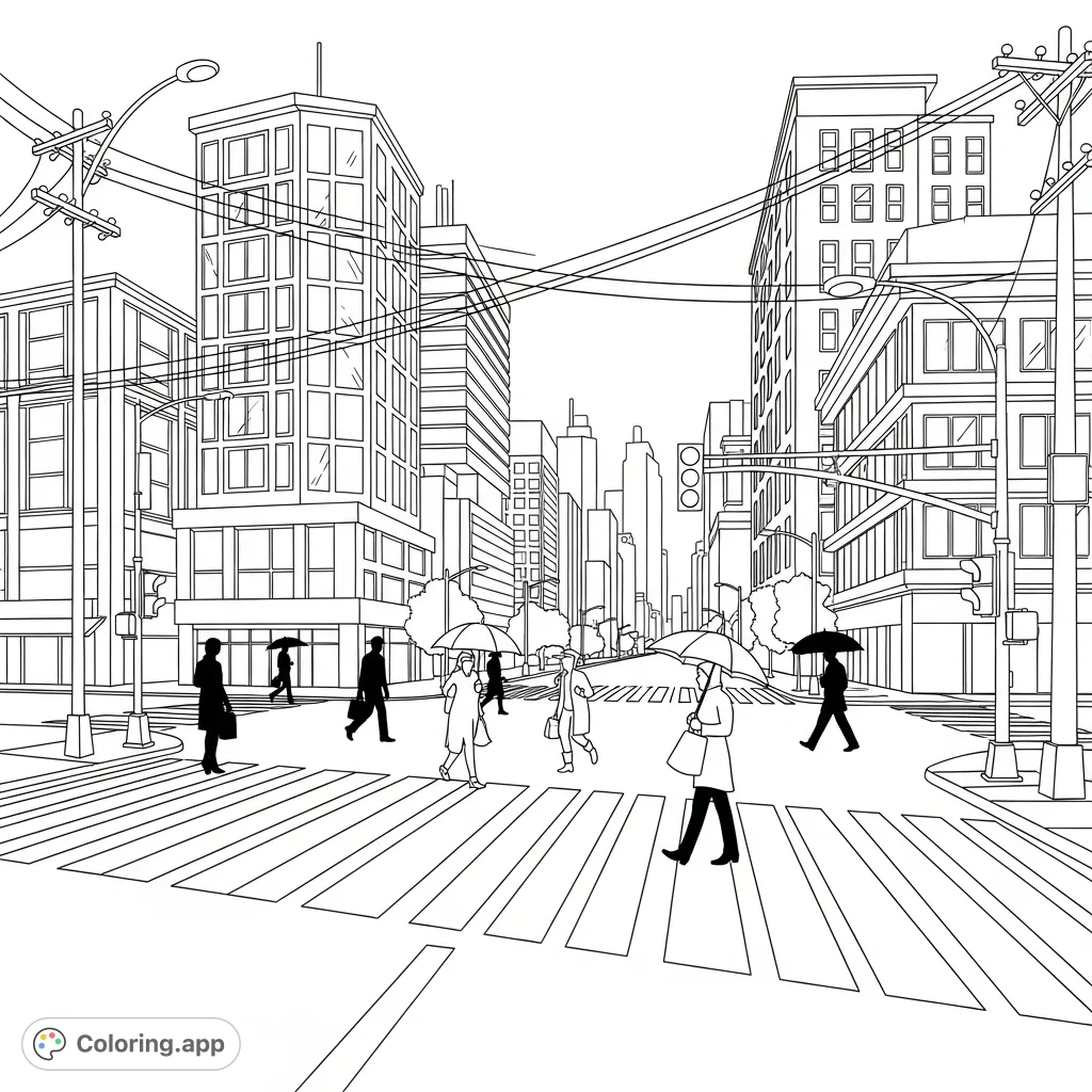 Dive into a dynamic city scene with geometric buildings, bold crosswalks, and pedestrian activity. A detailed urban landscape perfect for creative expression.
