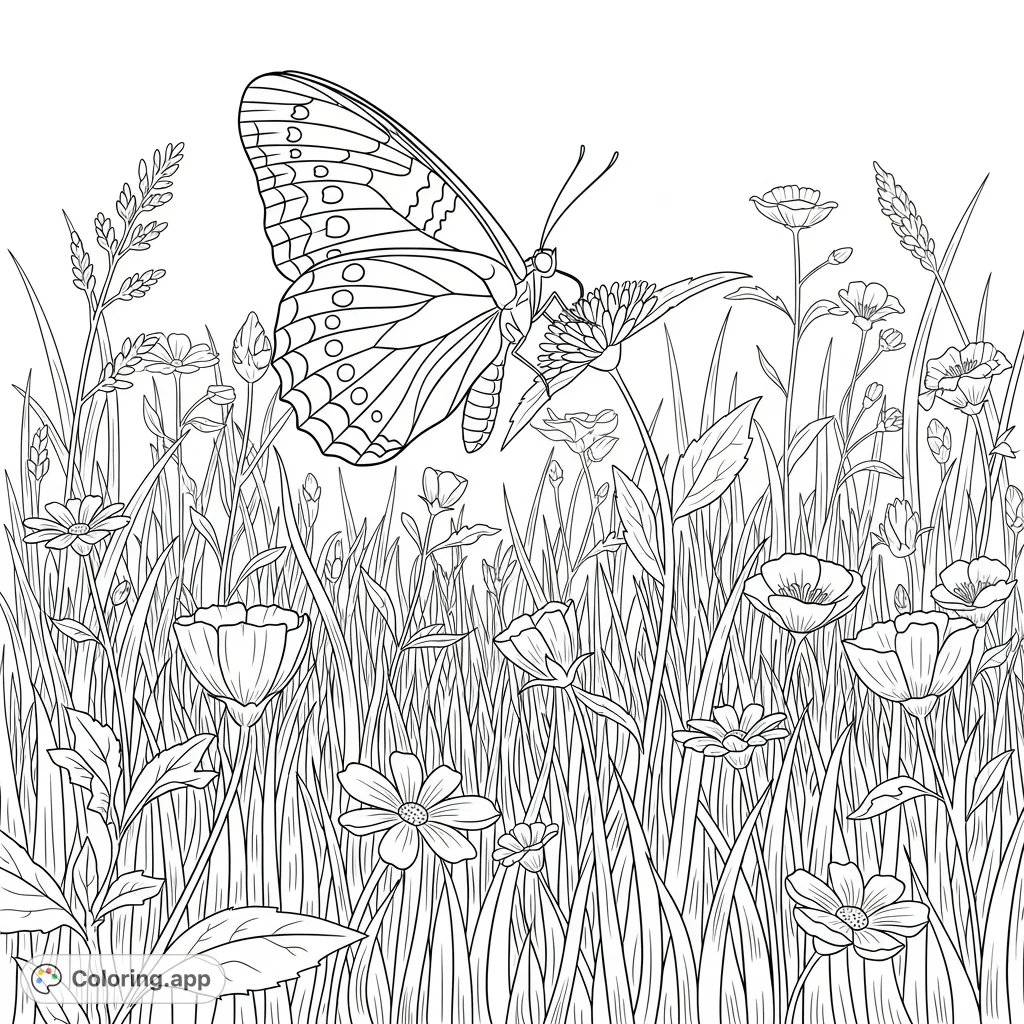 An elegant butterfly perches delicately amidst a lush field of tall grass and small, detailed blossoms, offering a serene nature scene for coloring.
