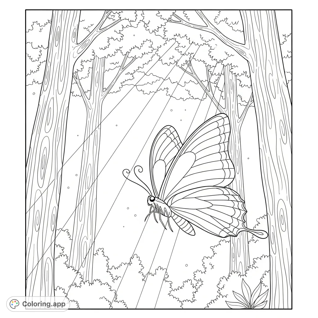 A beautiful butterfly gracefully flutters through a forest, where bright sunbeams cut through the dense canopy, illuminating the air and intricate tree textures.