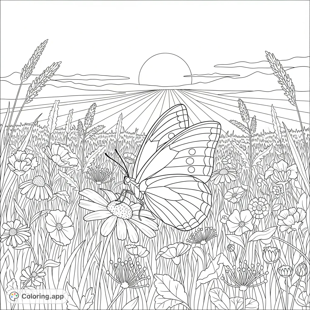 Color a beautiful butterfly with patterned wings resting on a wildflower amidst a detailed meadow at sunset. A serene scene for nature lovers to enjoy.
