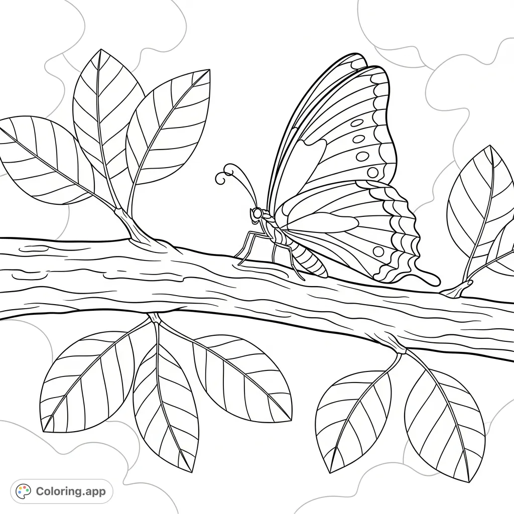 A detailed coloring page featuring a butterfly with patterned wings perched elegantly on a textured tree branch surrounded by natural, veined leaves.