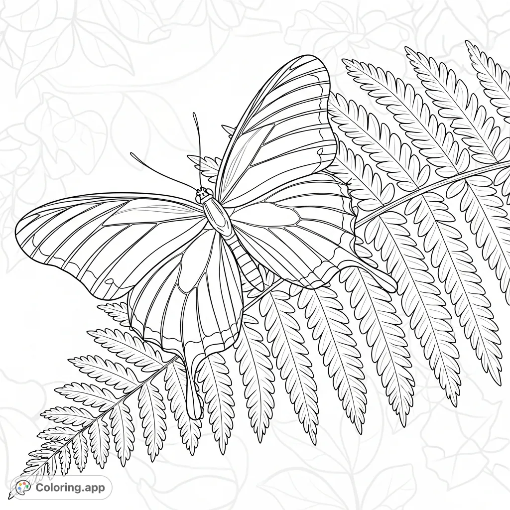 A detailed coloring page featuring a graceful butterfly with intricately patterned wings resting delicately on a finely textured fern leaf, set in a peaceful natural environment.
