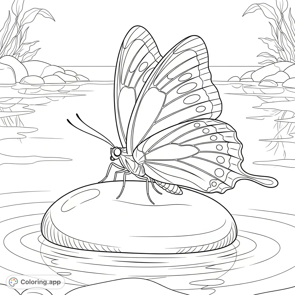 A serene butterfly rests on a smooth river stone at the water's edge. Detailed wings and subtle water ripples create a peaceful nature scene for coloring.