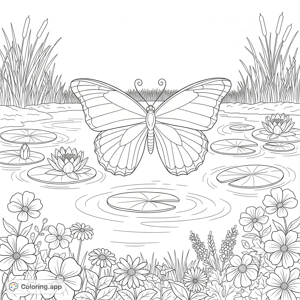 A beautiful butterfly gracefully hovers above a tranquil garden pond, surrounded by lily pads, water lilies, reeds, and various blooming flowers.