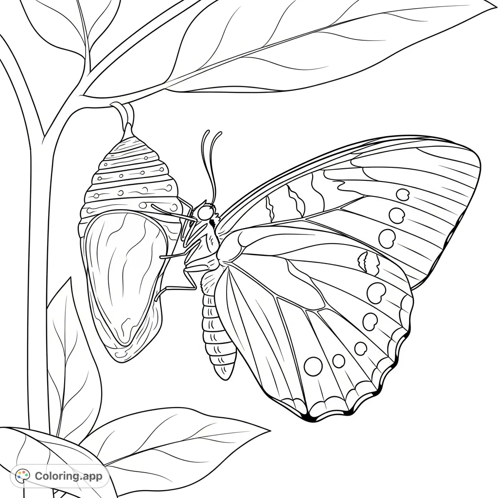 Witness a breathtaking moment as a delicate butterfly emerges from its textured chrysalis, unfurling its patterned wings in a natural setting.