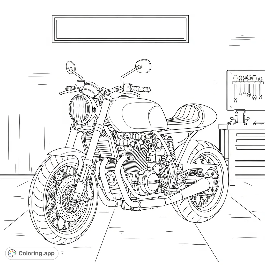 Detailed cafe-racer inspired sport motorcycle with clip-on bars set against a minimalist garage backdrop, perfect for motor enthusiasts.